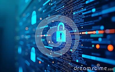 Illustrate cybersecurity themes such as secure data centers, encrypted data streams, digital locks, or firewalls Stock Photo