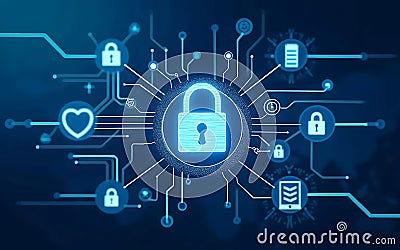 Illustrate cybersecurity themes such as secure data centers, encrypted data streams, digital locks, or firewalls Stock Photo