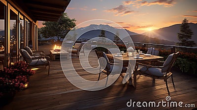 Illustrate the elegance of a wooden building with garden furniture on the terrace during sunrise Stock Photo