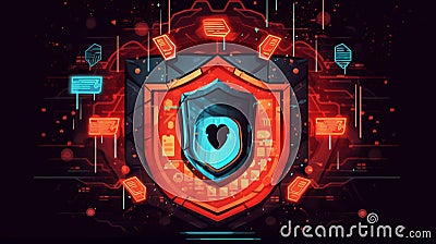 Illustrate the importance of internet safety and data privacy with a digital shield surrounded by a firewall, Generative AI Stock Photo