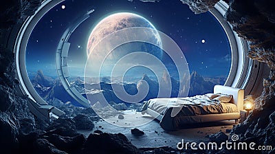 Illustrate a luxury bedroom fit for young space explorers with a 3D background view of a lunar landscape, inspiring dreams of Stock Photo