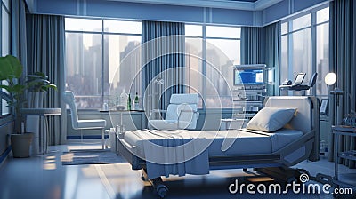 Illustrate a luxury bedroom that pays tribute to essential workers, with a 3D background view of a hospital ward filled with Stock Photo