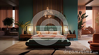 Illustrate a mid-century modern luxury bedroom with iconic furniture pieces, a retro color palette, and a sunken bed for a chic, Stock Photo
