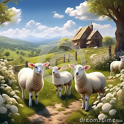 illustrate a peaceful countryside scene with lambs chicks and a rustic easter celebration trend Stock Photo