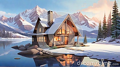 Illustrate a serene cabin by a mountain lake, where the water reflects the snow-capped peaks and a cozy fire burns inside Cartoon Illustration
