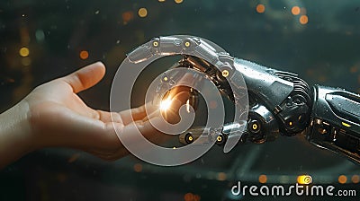Illustrate a symbolic connection between a robot and a human hand in a side-view composition Stock Photo