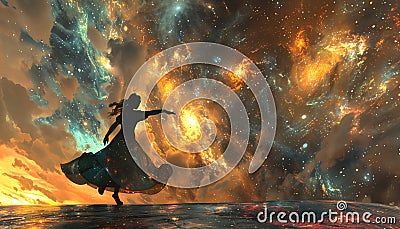 Illustrate the unique blend of Space Exploration and Dance Forms using CG 3D rendering, presenting a mesmerizing low-angle view of Stock Photo