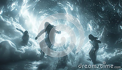 Illustrate the unique blend of Space Exploration and Dance Forms using CG 3D rendering, presenting a mesmerizing low-angle view of Stock Photo