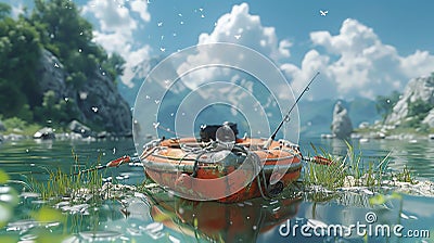 Illustrate a worms-eye view fisherman using digital rendering techniques like photorealistic 3D rendering to bring out the minute Stock Photo