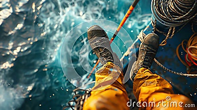 Illustrate a worms-eye view fisherman using digital rendering techniques like photorealistic 3D rendering to bring out the minute Stock Photo