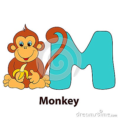 Illustrated alphabet letter M and monkey. Vector Illustration