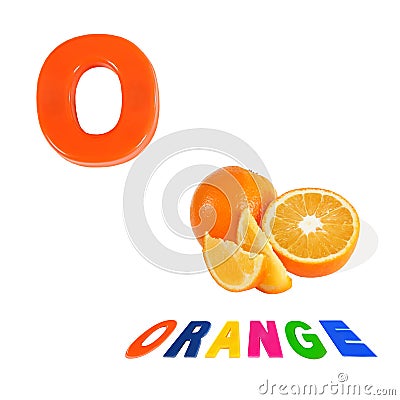 Illustrated alphabet letter o and orange on white Stock Photo