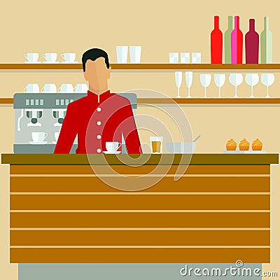 Illustrated barista in coffee shop Vector Illustration