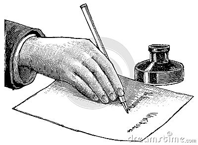 Illustrated hand writing on paper with ink bottle Stock Photo