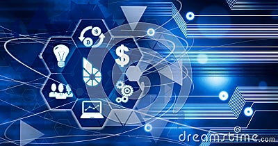 Illustrated blue background with finance and business related icons in a hexagon Stock Photo