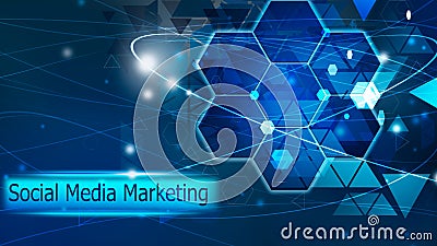 Illustrated blue background with a hexagon for custom icons and social media marketing concept Stock Photo