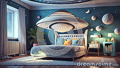 illustrated blue space design room with bed and toys Stock Photo