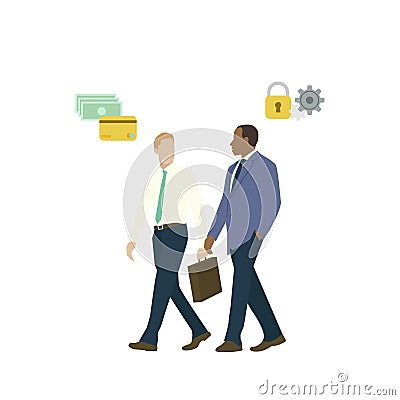 Illustrated business men talking about online banking Stock Photo