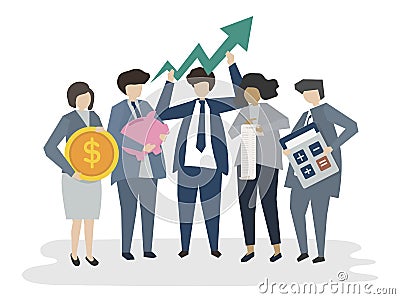 Illustrated business people with graph Stock Photo