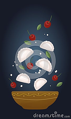 Food vector illustration dumplings with cherries Cartoon Illustration