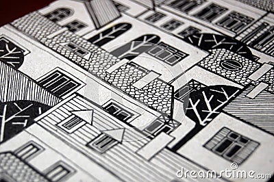 Illustrated city with cute buildings and trees Stock Photo