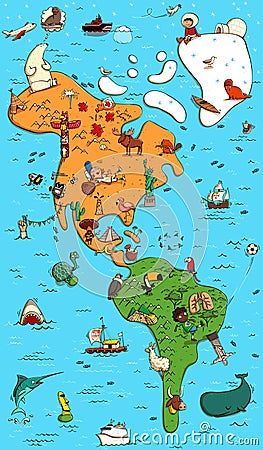 Illustrated Colorfull Map of North and South America Vector Illustration