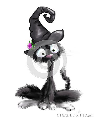 Illustrated Cute black cat with witch hat on Halloween Stock Photo