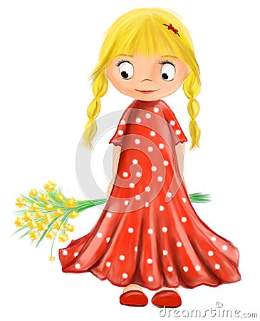 Illustrated cute girl with flowers in red dress with white drops Stock Photo