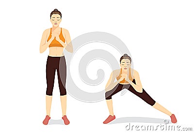 Illustrated exercise guide by healthy woman doing Side Lunges Workout in 2 steps. Vector Illustration