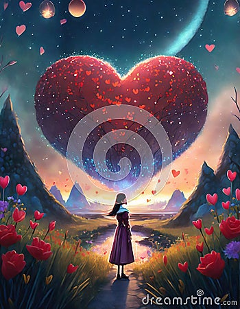 illustrated fantasy animated young girl with heart around Stock Photo