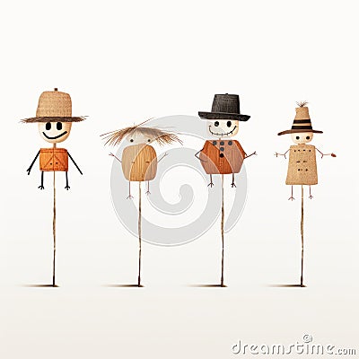 Illustrated Folk Characters: Scarecrow Costumes And Wood Grain Hats Cartoon Illustration