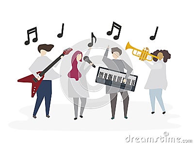 Illustrated friends playing music together Stock Photo