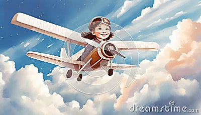 illustrated girl in air plane between envelopes Stock Photo