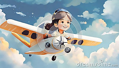illustrated girl in air plane between envelopes Stock Photo