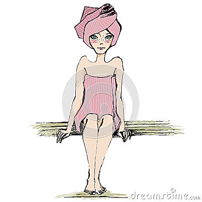 Illustrated girl in sauna Vector Illustration
