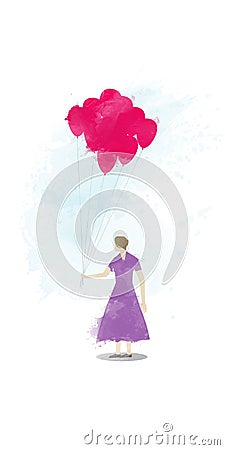 Illustrated girl wearing a purple dress holding balloons. Stock Photo