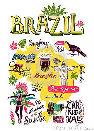 Illustrated hand-drawn typographic poster about Brazil. Vector Illustration