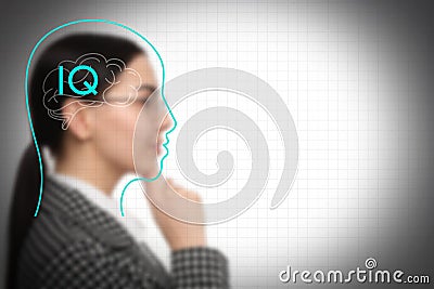 Illustrated head with brain and blurred view of woman on light background. IQ test Stock Photo