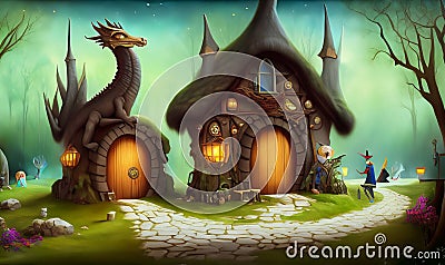 illustrated house with a dragon Cartoon Illustration