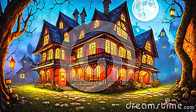 illustrated house at night with glowing windows Stock Photo