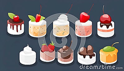 Illustrated icon set of ice cream, sarbe, granite, parfait, jelly, trivia, sambuco Stock Photo