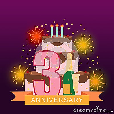 Illustrated image with cake, number three, fireworks and star ra Stock Photo