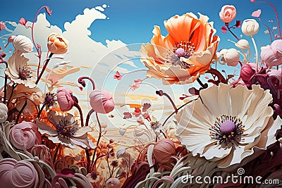 Illustrated image of flowers when the wind blows Blooming and not yet blooming flowers with beautiful pollen, warm colors, orange Stock Photo
