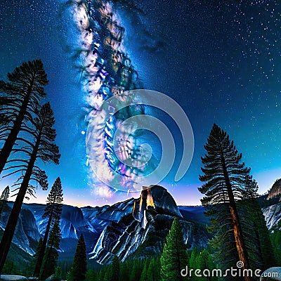 or illustrated image of the Milky way rising above Yosemite National Park Cartoon Illustration