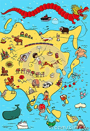 Illustrated Map of Asia Vector Illustration