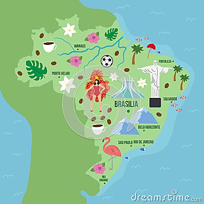 Illustrated map of Brazil with famous symbols and landmarks. Footbal, coffee, carnival woman, and Statue of Christ are Vector Illustration