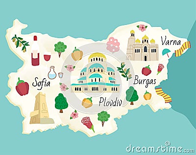 Illustrated map of Bulgaria. Famous landmarks temple, cathedral, rose , rakia and monument Shipka. Vector Illustration