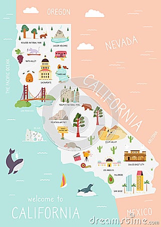 An Illustrated map of California with destinations Vector Illustration