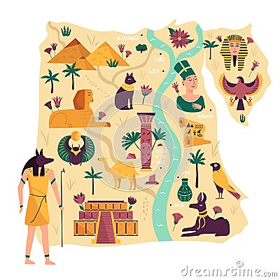 Illustrated map of Egypt with ancient landmarks, symbols, cities, statues. Vector illustration Vector Illustration