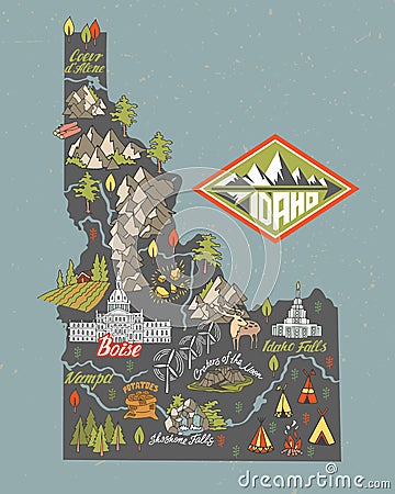 Illustrated map of Idaho, USA. Vector Illustration